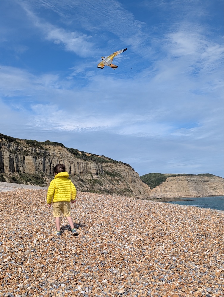 cerf volant sur la plage de galet face aux falaises